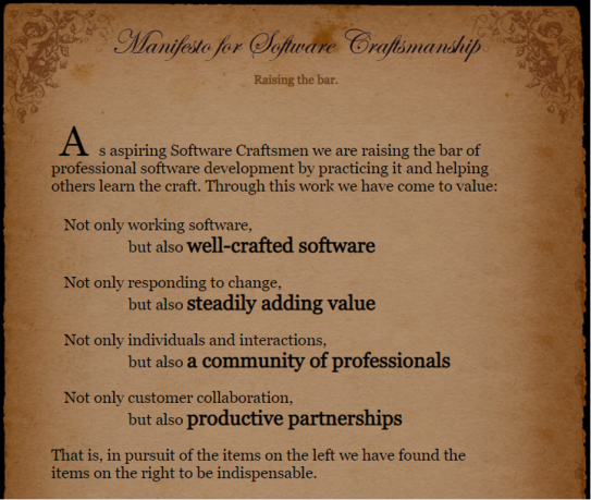 Image des quatres fondements du manifeste agile "manifesto for software craftmanship"