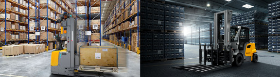 Two pictures of a forklift truck positioned in front of stocks