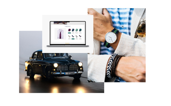 A compilation of imagery including a classic car, a laptop with a product page open and a close up of a man wearing a luxury watch