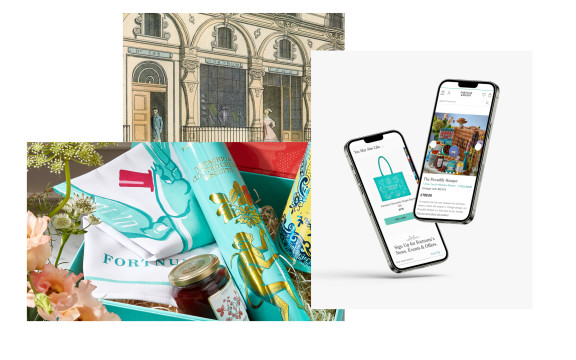 A compilation of Fortnum & Mason, product photography, mobile webpages and historical shopfront illustration