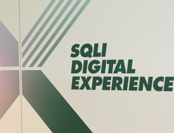 The SQLI logo on a wall in the headquarters of SQLI in Brussels