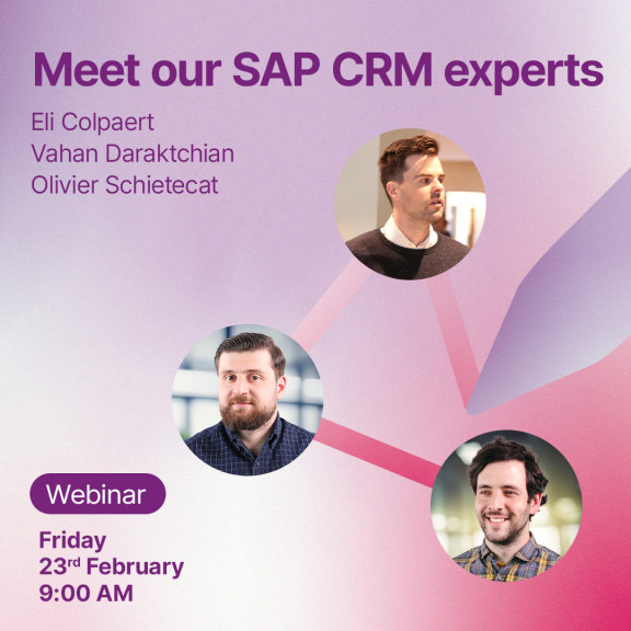 Three connected round photos of SQLI SAP CRM Experts on a purple pink gradient