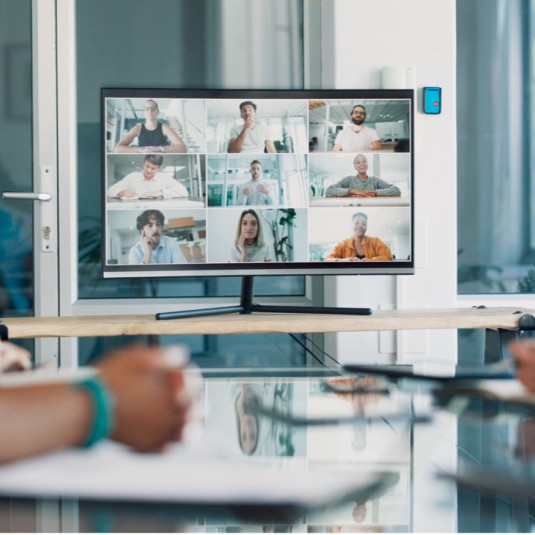 Écran affichant une visioconférence avec plusieurs participants répartis en vignettes, observé depuis une salle de réunion où des personnes sont assises autour d’une table, illustrant un webinar à distance.