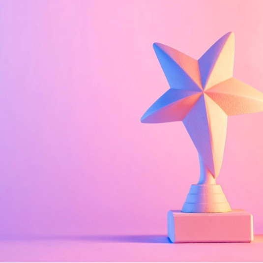 Trophée en forme d’étoile posé sur un socle, éclairé par des tons rose et violet sur un fond dégradé, symbolisant la reconnaissance et la mise à l’honneur.