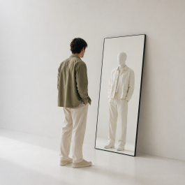 A man looks in a mirror, and a blank face looks back
