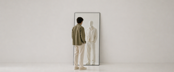 A man looks in a mirror, and a blank face looks back