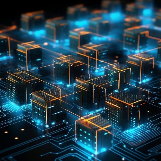 A futuristic depiction of a network of servers or data centres, shown as glowing cubes connected by illuminated lines on a digital circuit, with blue and orange accents.