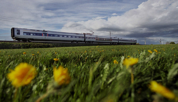 A Skånetrafiken train on a meadow