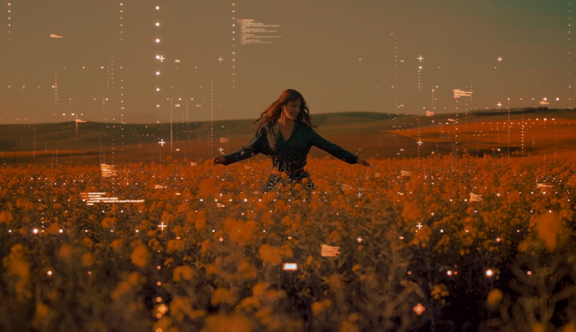A woman happily dances in a field of flowers.