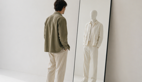 A man looks in a mirror, and a blank face looks back
