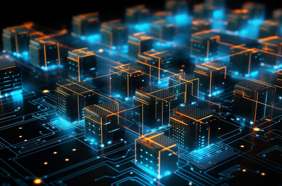 A futuristic depiction of a network of servers or data centres, shown as glowing cubes connected by illuminated lines on a digital circuit, with blue and orange accents.