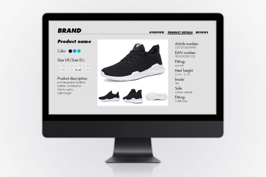 A screen displays a shoe as a product on a website. 