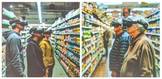 customers in supermarket aisles wearing virtual reality headsets